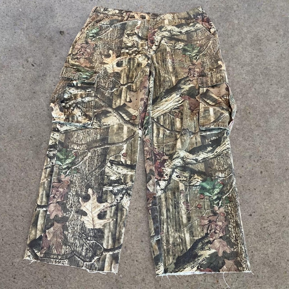 Mossy‎ Oak Camo Baggy Cargo Hunting Pants Distressed Hem Outdoors Mens XL 40-42